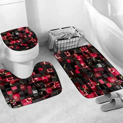 LQCOOL 4Pcs Black and Red Shower Curtain Set 3D Cubes Bathroom Sets Modern Shower Curtain Set for Bathroom Sets with Rugs and 12 Hooks