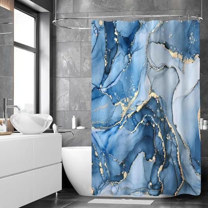 NBVKO 4 Pcs Blue Marble Shower Curtain Sets with Rugs Gold Bathroom Sets with Shower Curtain and Rugs Modern Abstract Bathroom Decor Accessories Shower Curtains for Bathroom Toilet Lid Cover