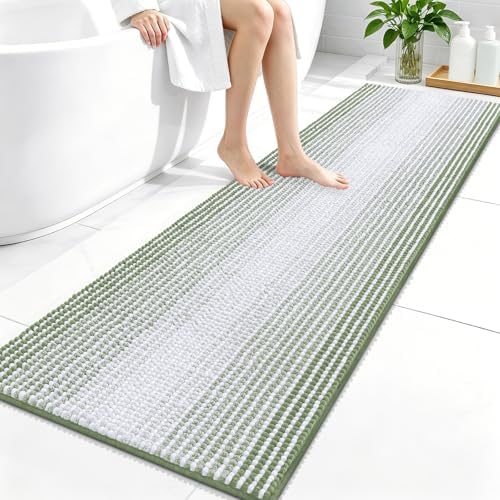 OLANLY Bathroom Runner Rugs 59x20, Chenille Striped Bath Rugs, Sage Green