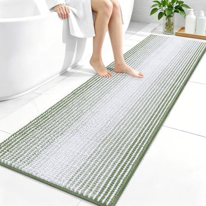 OLANLY Bathroom Runner Rugs 59x20, Chenille Striped Bath Rugs, Sage Green
