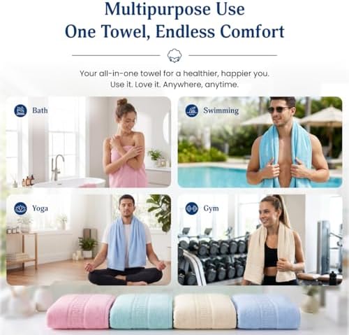 100% Cotton Bath Towels,4 Pack,30" x 60" Inches, Light Weight, Soft, Super Absorbent and Fast Drying, No Fading Multipurpose Use for Sports, Swimming, Travel, Fitness, Yoga, Multicolor.
