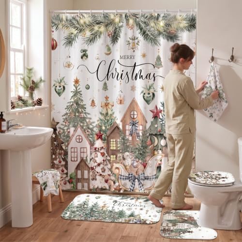 FuWeave 8Pcs Christmas Shower Curtain Set Farmhouse Rustic Bathroom Decor