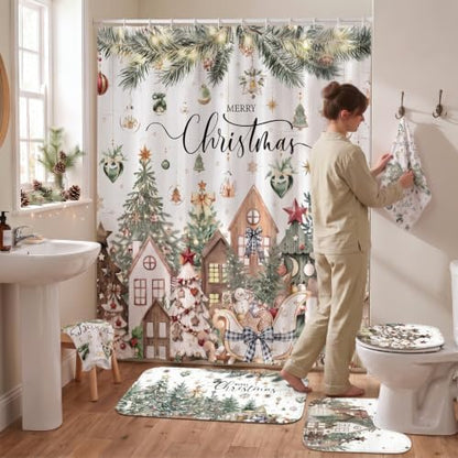 FuWeave 8Pcs Christmas Shower Curtain Set Farmhouse Rustic Bathroom Decor