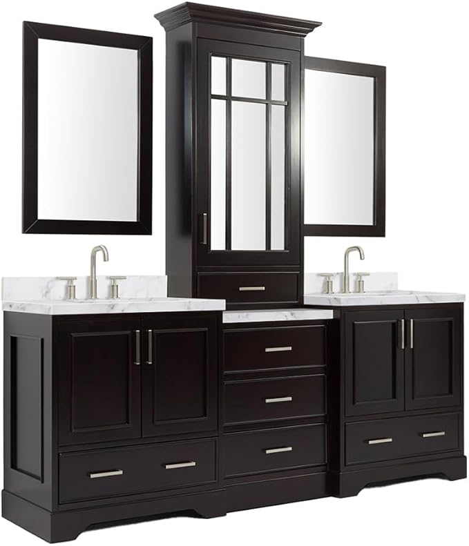 ARIEL Stafford 84-inch Bathroom Vanity with Sink,Solid Wood, 1.5-inch Italian Carrara Marble Countertop & Backsplash, Double Oval Porcelain Sink, 5 Soft Closing Doors, 6 Dovetail Drawers, Espresso