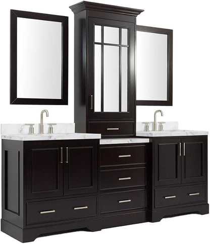 ARIEL Stafford 84-inch Bathroom Vanity with Sink,Solid Wood, 1.5-inch Italian Carrara Marble Countertop & Backsplash, Double Oval Porcelain Sink, 5 Soft Closing Doors, 6 Dovetail Drawers, Espresso