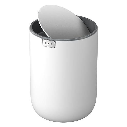 EKO Fandy 0.58 Gal/2.2L Mini Trash Can with Lid, Swing-Top Desktop Trash Can for Bathroom, Countertop, Vanity, Desk or Office, Small Garbage Bin (White) (Pack of 12)