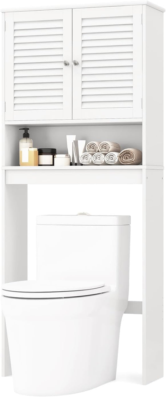 Giantex Over-The-Toilet Storage Cabinet, 3-Tier Freestanding Bathroom Rack w/Slat-Door Cabinet & 3-Position Adjustable Shelf, Space-Saving Storage Organizer for Bathroom, Washroom, Laundry Room