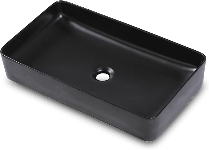 Black Vessel Sink - Dcolora 24 x 14 Bathroom Sink Matte Black Rectangular Above Counter Vessel Sink Ceramic Countertop Lavatory Vanity Bowl Sink Art Basin Sink
