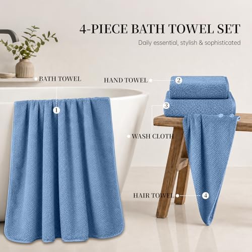 MaopaoBeauty Bath Towels for Bathroom Towel Set Shower Towels Bath Towels Set of 4 (1 Bath Towel, 1 Hair Towel, 1 Hand Towel, 1 Washcloth),Soft and Absorbent (Blue)