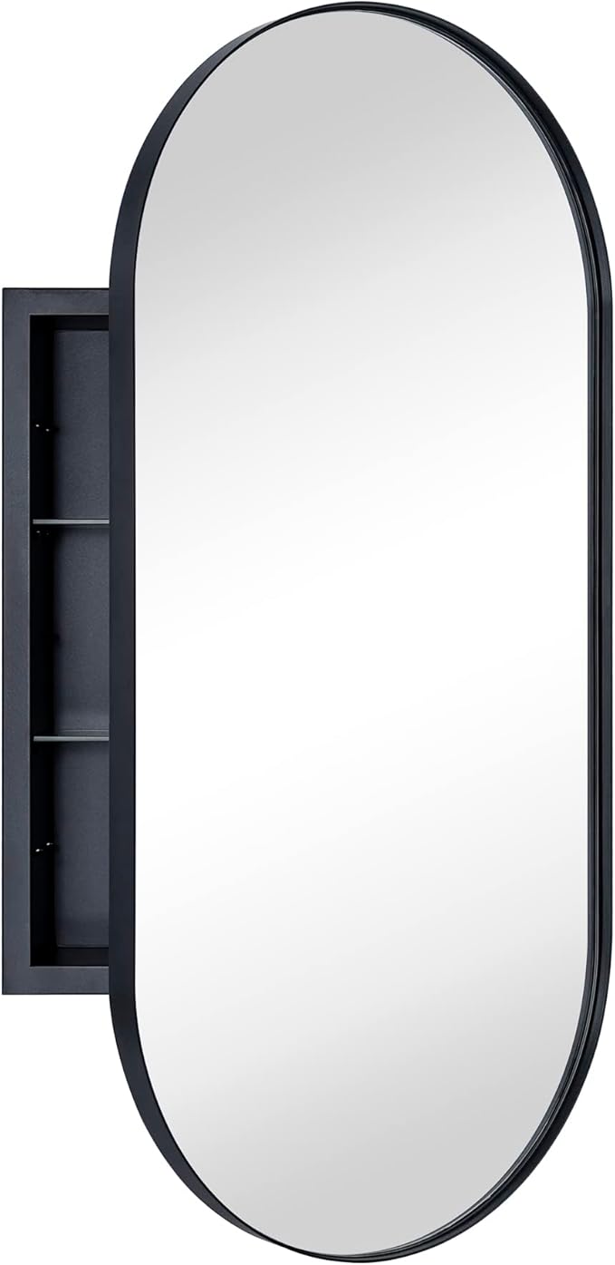 Matte Black Oval Recessed Bathroom Medicine Cabinet with Mirror Stainless Steel Metal Framed Oblong Pill Shaped Bathroom Cabinet with Mirror 16x33''