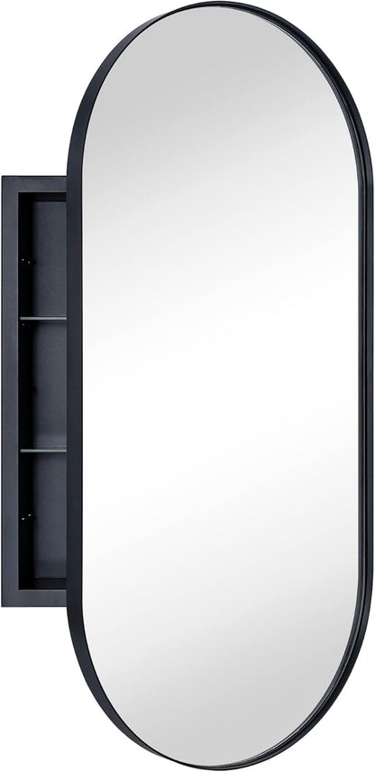 Matte Black Oval Recessed Bathroom Medicine Cabinet with Mirror Stainless Steel Metal Framed Oblong Pill Shaped Bathroom Cabinet with Mirror 16x33''