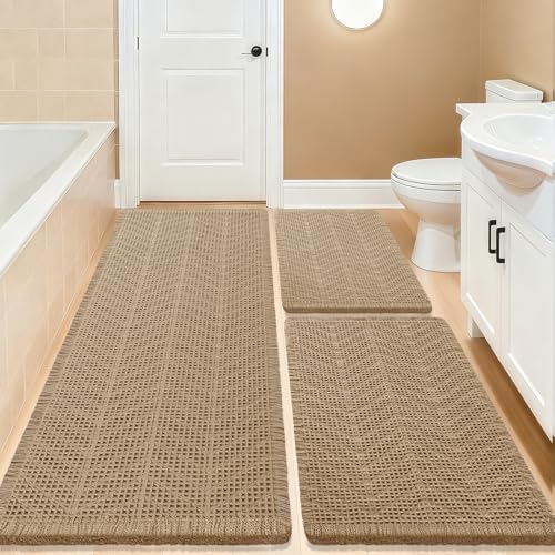Upgrade Waffle Bath Mat Set 3 Piece, Boho Bathroom Rugs Absorbent Non Slip, Soft Bathroom Mats, Machine Washable Knit Bath Rugs with Herringbones for Bathroom, Bedroom, Kitchen, Shower, Tub, Beige