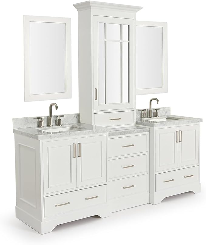 ARIEL Stafford 84-inch Bathroom Vanity with Sink,Solid Wood, 1.5-inch Italian Carrara Marble Countertop, Double Rectangular Porcelain Sink, 5 Soft Closing Doors, 6 Dovetail Drawers, White