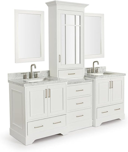 ARIEL Stafford 84-inch Bathroom Vanity with Sink,Solid Wood, 1.5-inch Italian Carrara Marble Countertop, Double Rectangular Porcelain Sink, 5 Soft Closing Doors, 6 Dovetail Drawers, White
