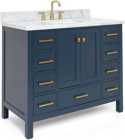 ARIEL Cambridge 42-inch Bathroom Vanity with Sink,Solid Wood, 1.5-inch Italian Carrara Marble Countertop, Single Rectangular Porcelain Sink, 2 Soft Closing Doors, 9 Dovetail Drawers, Midnight Blue
