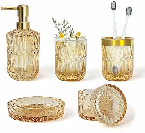 LaMarriti Clear Gold Bathroom Accessorries Set, 5Pcs Glass Bathroom Set