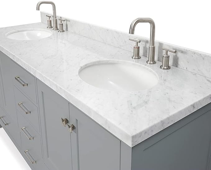 ARIEL Cambridge 72-inch Bathroom Vanity with Sink,Solid Wood, 1.5-inch Italian Carrara Marble Countertop & Backsplash, Double Oval Porcelain Sink, 4 Soft Closing Doors, 6 Dovetail Drawers, Grey