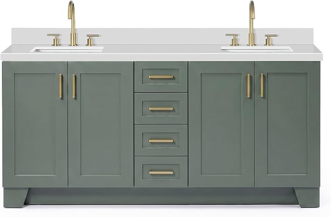 ARIEL Taylor 72-inch Bathroom Vanity with Sink,Solid Wood, 1.5-inch Pure White Quartz Countertop, Double Rectangular Porcelain Sink, Soft Closing Doors, Dovetail Drawers, Vintage Green