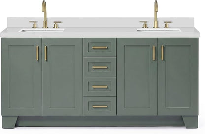 ARIEL Taylor 72-inch Bathroom Vanity with Sink,Solid Wood, 1.5-inch Pure White Quartz Countertop, Double Rectangular Porcelain Sink, Soft Closing Doors, Dovetail Drawers, Vintage Green