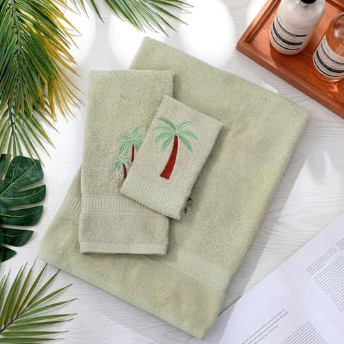 3 Pcs Summer Palm Tree Bathroom Towel Set Farmhouse Embroidered Palm Tree Towels Vintage Decorative 100% Cotton Bath Towel Highly Absorbent Elegant Summer Decor Set for Bathroom