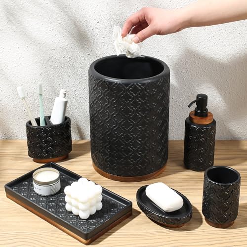 RQYIXI Ceramic Bathroom Accessories Set,Black,6 Piece,Embossed Design
