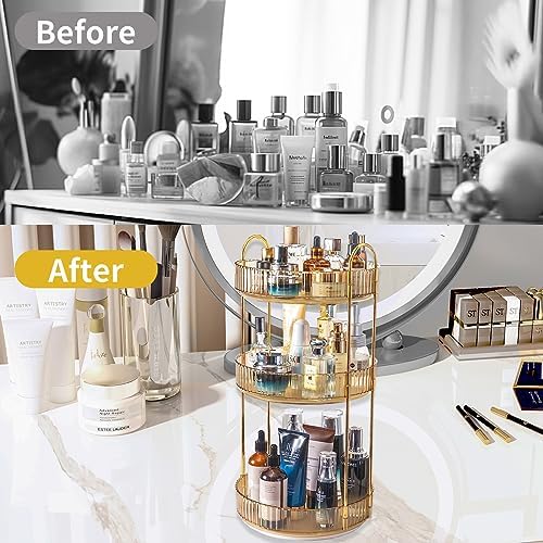 Asayuee 360 Rotating Makeup Organizer for Vanity,3 Tier Large Capacity Vanity Storage,Skincare Perfume Spinning Organizer,Bathroom Cosmetics Storage Makeup Stand Organizer (Gold-3 Tier)