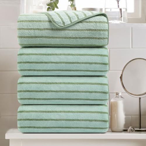 4 Pcs Green Cabana Stripe Large Bath Sheets Soft Microfiber Bathroom Towels