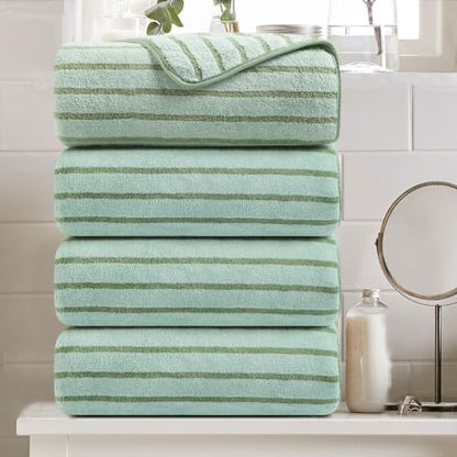 4 Pcs Green Cabana Stripe Large Bath Sheets Soft Microfiber Bathroom Towels
