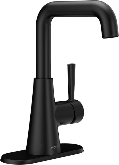 Moen Ronan Matte Black Double Bend Single Hole Modern Bathroom Sink Faucet with Optional Deckplate and Spring Loaded Drain Assembly, 84024BL