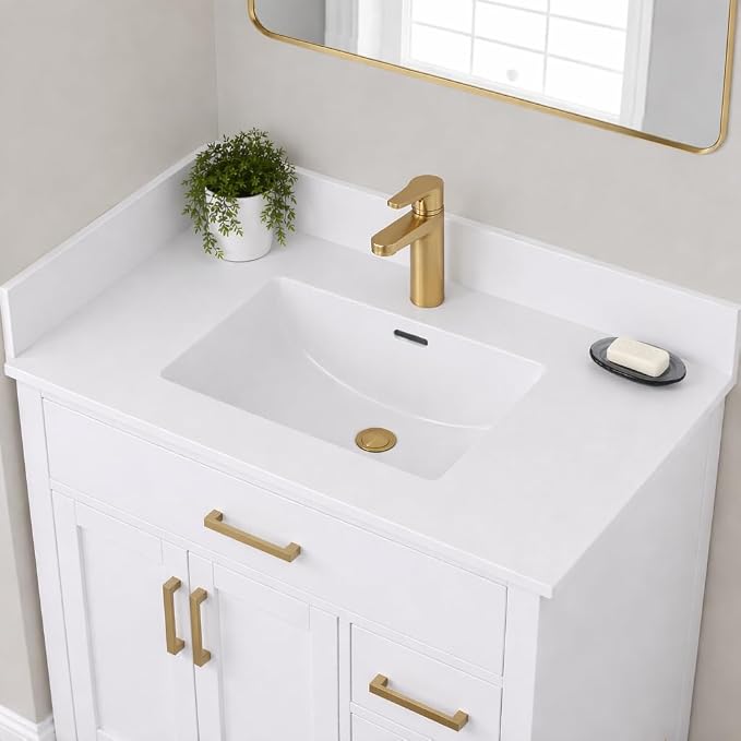 31" Bathroom Vanity Top with Integrated Sink – Solid Surface Resin Streamline Countertop, Single Faucet Hole, Built-in Overflow, Easy-to-Clean Matte White Finish, 31" W x 22" D
