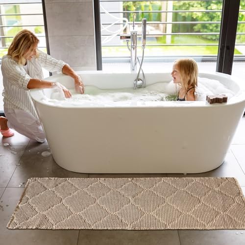 ZALL Tan Waffle Bath Mat,Super Absorbent Non Slip Bathroom Rug,Brown 24X60 inch, Geometric Diamond Machine Washable Ultra Soft Floor Mats