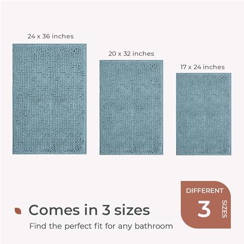 FRESHMINT Chenille Bathroom Rugs Mat 32"x20", Non-Slip Bath Mat for Bathroom Floor & Bathtub, Washable Shower Shag Bath Rugs, Soft Fluffy Thick Water Absorbent Microfiber Shower Mat, Aqua & White