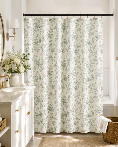 jinchan Linen Shower Curtain for Bathroom with 12 Hooks, Green, 70x72