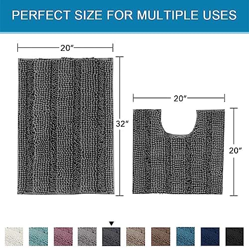 H.VERSAILTEX Bathroom Rugs Bath Rug Set 2 Piece Bathroom Contour Rug Toilet Mat Sets Non Slip Contour Bath Rug Ultra Thick Water Absorbent Striped Bath Mats Washable(20" x 32" Plus 20" x 20" U, Grey)