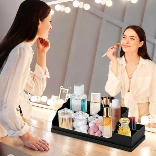 Bathroom Counter Organizer, Large Black Silicone Toothbrush Holders for Bathrooms Organizer Countertop with 3PCS Qtip Holder, Toothbrush and Toothpaste Holder for Bathroom Organization Storage Vanity