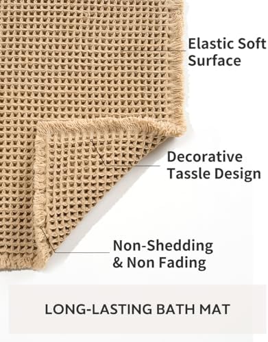 tchdio Waffle Bath Mat Rug, Super Absorbent Non Slip Bath Mats Ultra Soft Bathmat Machine Washable Bathroom Rugs with Tassels, Bath Rugs for Bathroom Floor Beside Tub, 17" x 24", Brown