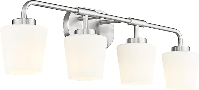 Bathroom Light Fixtures Over Mirror, 4-Light Brushed Nickel Vanity Lighting Fixtures with Milk White Glass, Vintage Farmhouse Wall Sconces Lighting, AD-22004-4W-SN