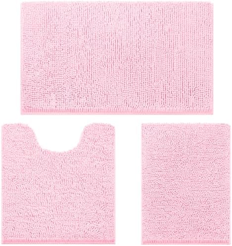 HOMEIDEAS Light Pink Chenille Bathroom Rugs Set of 3, Non Slip Bath Mat