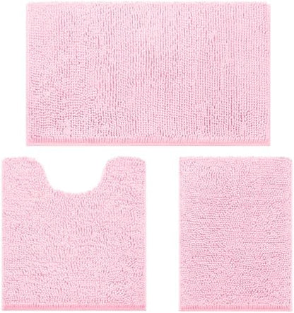 HOMEIDEAS Light Pink Chenille Bathroom Rugs Set of 3, Non Slip Bath Mat