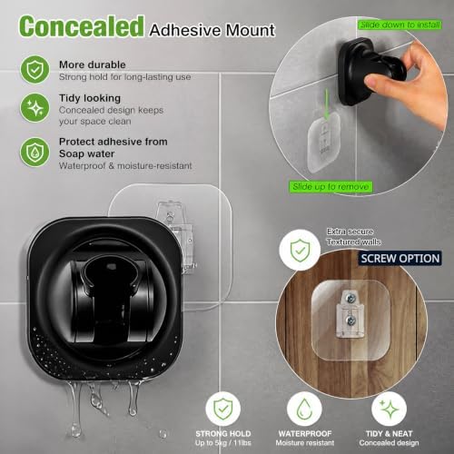Handheld Shower Head Holder - 5 Positions Adjustable - Concealed Adhesive Mount with Screw Option- Bathroom Wall Mount Shower Hose Holder (Matte Black)