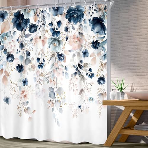 Blue Pink Floral Extra Long Rustic Bathroom Shower Curtain Set