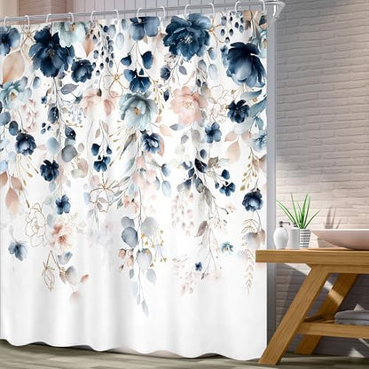 Blue Pink Floral Extra Long Rustic Bathroom Shower Curtain Set