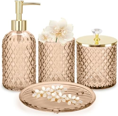 Haturi Glass Bathroom Accessories Set, Amber Brown Bathroom Set, 4 Pcs