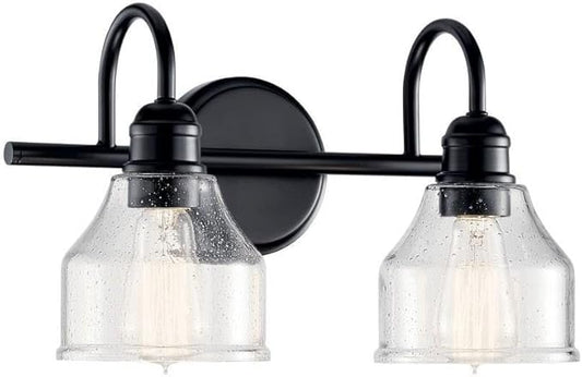 Kichler Avery 15" Bathroom Vanity Industrial 2 Light Wall Fixture with Clear Seeded Glass in Black, for Bathroom (8.25" x 15" x 9.5") 45972BK