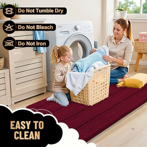 OLANLY Thick Bathroom Rugs 30x20, Soft Chenille Striped Bath Rugs, Burgundy