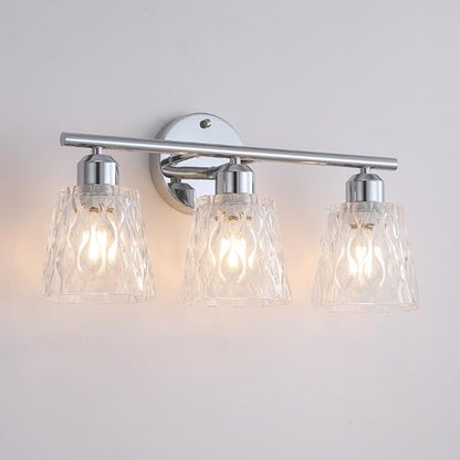 Chrome 3 Light Bathroom Vanity Lights with Textured Glass Shades, E26 Sockets, Bathroom Light Fixtures Over Mirror, Modern Lighting Fixtures Wall Lamp Vanity Lights