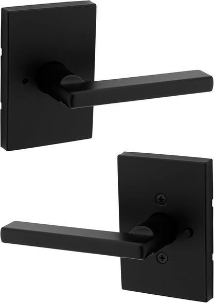 Kwikset Halifax Interior Privacy Door Handle with Lock, Door Lever For Bathroom and Bedroom, Matte Black Reversible Keyless Push Button Lock Door Lever, with Microban Protection