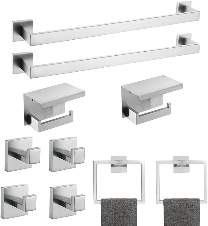 10-Piece Bathroom Hardware Kit - Brushed Finish SUS304 Stainless Steel Set, Featuring 2 x 23.6 Towel Bars, 2 Towel Rings, 2 Toilet Paper Holders & 4 Towel Hooks (Brushed Stainless) (Brushed Finish)