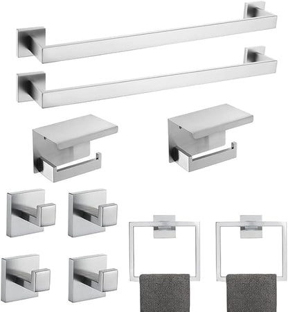 10-Piece Bathroom Hardware Kit - Brushed Finish SUS304 Stainless Steel Set, Featuring 2 x 23.6 Towel Bars, 2 Towel Rings, 2 Toilet Paper Holders & 4 Towel Hooks (Brushed Stainless) (Brushed Finish)