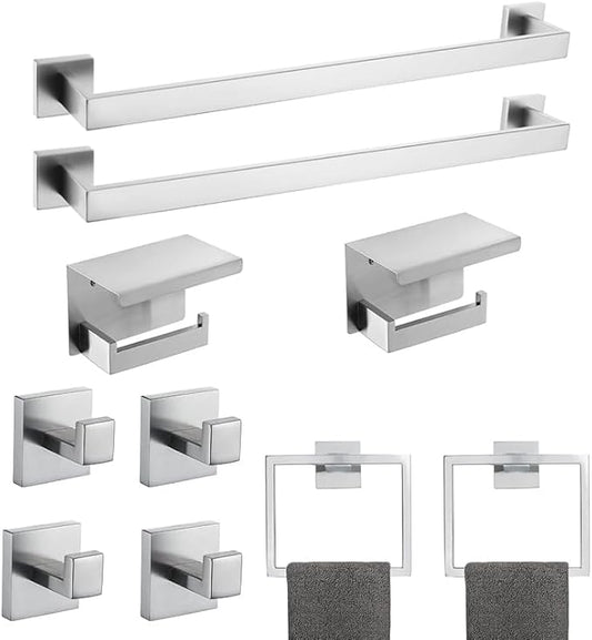 10-Piece Bathroom Hardware Kit - Brushed Finish SUS304 Stainless Steel Set, Featuring 2 x 23.6 Towel Bars, 2 Towel Rings, 2 Toilet Paper Holders & 4 Towel Hooks (Brushed Stainless) (Brushed Finish)